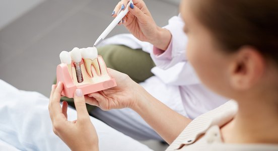 A dental implant model being explained during a consultation